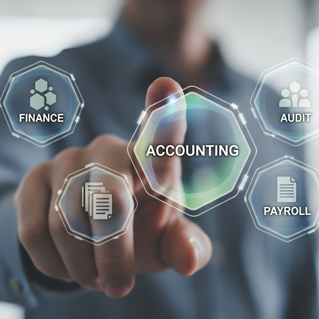 A professional points to accounting services on a digital interface