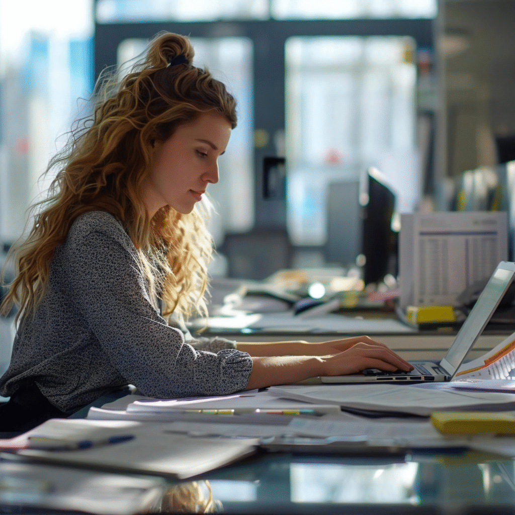 Woman Accountant Utilizing Accounting Software in Contemporary Office Setting to